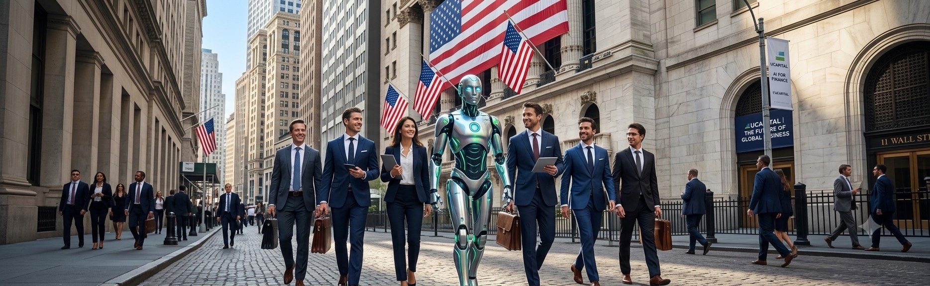 UCapital AI for Finance — business people and a humanoid AI walking through Wall Street