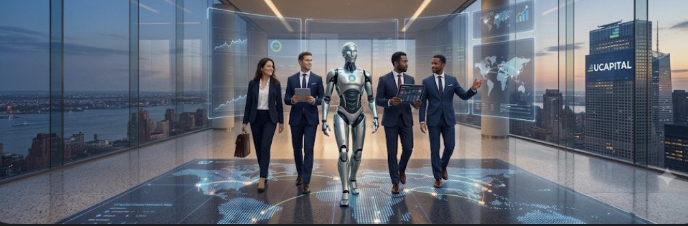 UCapital — a humanoid AI walking with a team of professionals across a global trading floor